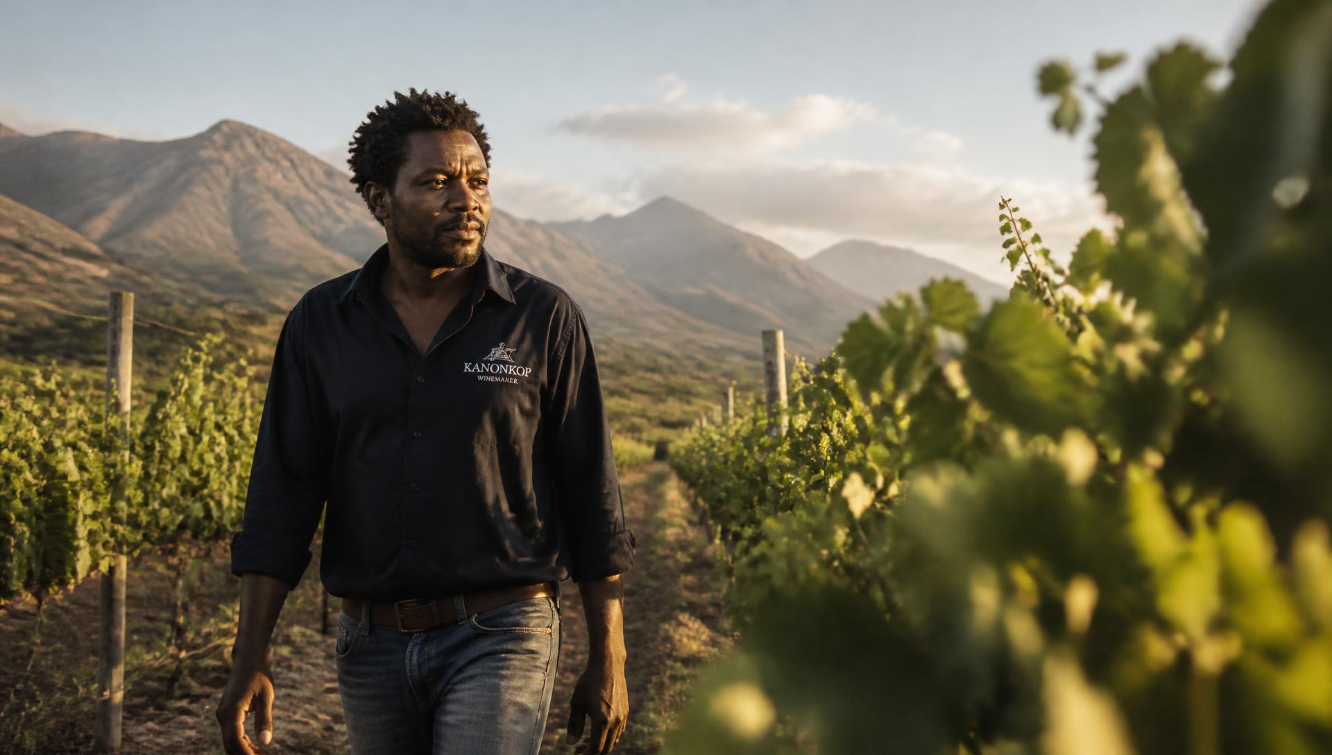 A South African winemaker walking through a vineyard at golden hour